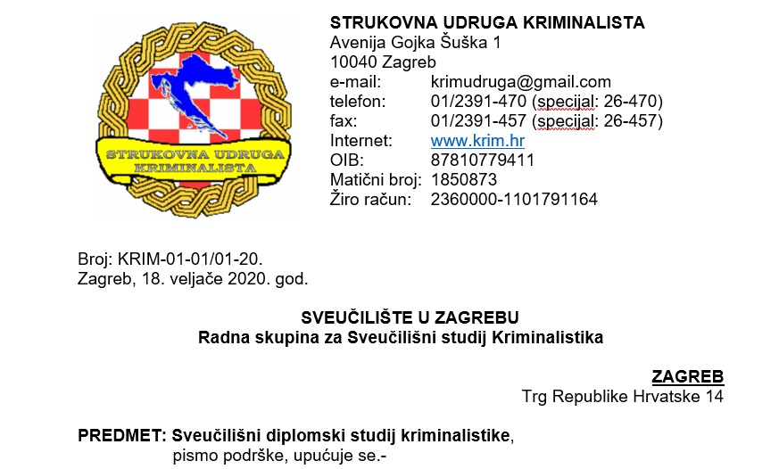 Podrška za Sveučilišni diplomski studij kriminalistike